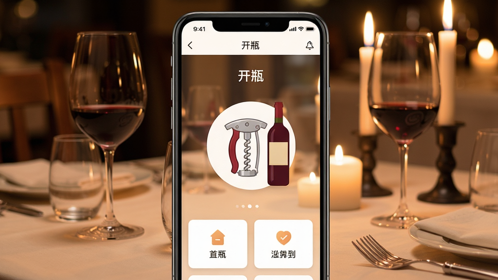一张展示智能手机屏幕的图片,屏幕中显示名为“开瓶”的APP界面,界面中央是一个红酒开瓶器图标和一瓶红酒的插画,背景是温馨的餐厅餐桌场景,有高脚杯和烛光,整体风格简洁现代,暖色调,细节包括APP的导航栏和功能卡片,画质清晰,干净,无多余元素