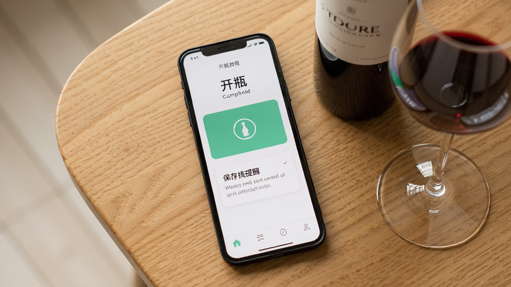 一张展示手机屏幕上“开瓶”APP安装完成后的首页界面图片,界面中有开瓶教程入口、保存提醒卡片和底部导航栏,背景是简洁的浅色,手机放置在木质桌面上,旁边有一瓶红酒和高脚杯,风格生活化,画质清晰,干净,无多余元素