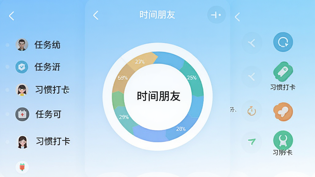 一张展示时间朋友应用主界面的手机屏幕截图,画面中央是一个圆环状的时间统计图表,周围环绕着任务列表和习惯打卡图标,背景为清爽的浅蓝色渐变,风格简洁现代,细节清晰,画质干净,无多余元素,图片中文字标注“时间朋友”