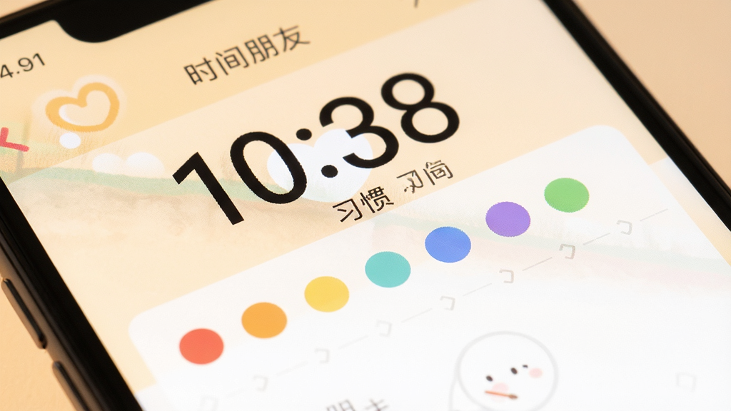 手机屏幕特写,显示时间朋友的习惯打卡页面,一排排彩色圆点代表打卡记录,背景是柔和的暖色调,风格清新,细节精致,画质干净,无多余元素,图片中文字标注“时间朋友”
