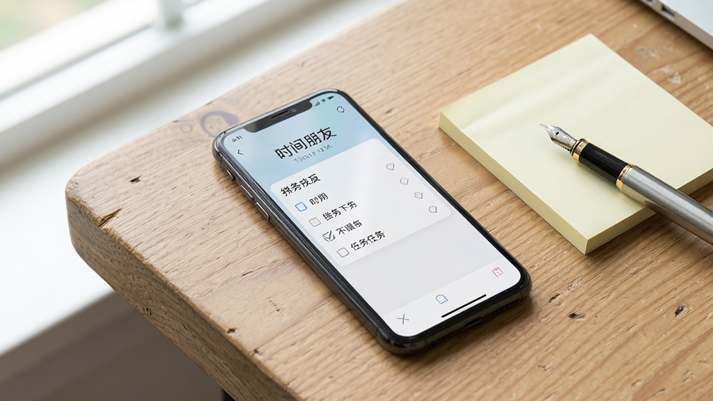 一部手机放在木质桌面上,屏幕显示时间朋友的任务清单界面,旁边有便签纸和钢笔,光线自然,风格简约办公,细节清晰,画质干净,无多余元素,图片中文字标注“时间朋友”