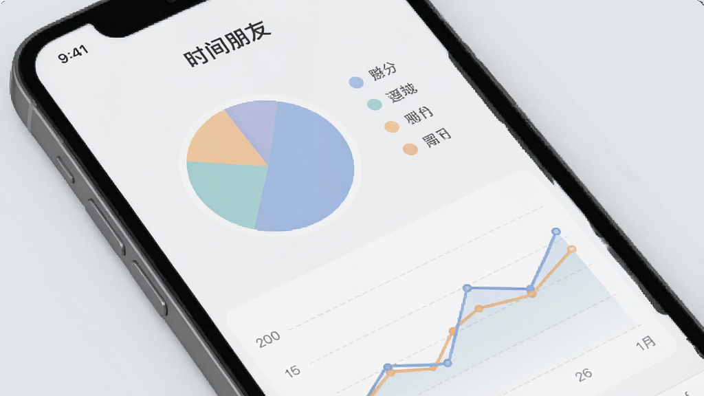手机屏幕展示时间朋友的数据统计页面,包含饼图和折线图,色彩柔和,背景为浅灰色,风格商务简洁,细节清晰,画质干净,无多余元素,图片中文字标注“时间朋友”