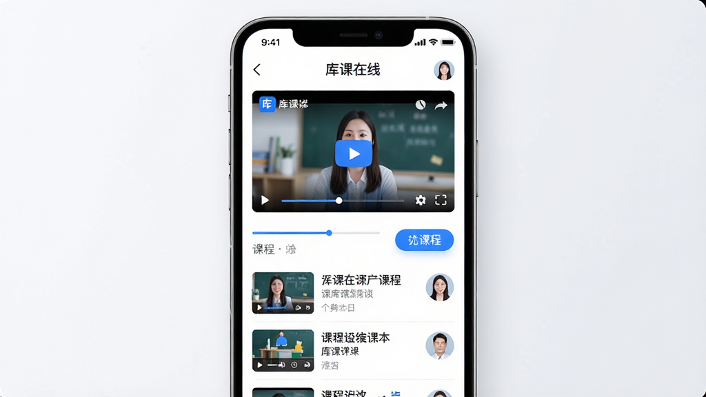 主体为一部智能手机竖屏展示在线课程学习界面,布局采用居中构图,手机屏幕内显示“库课在线”视频播放窗口与课程列表,排版清晰明了,风格为现代简约科技风,细节包含蓝色主色调按钮、进度条与讲师头像,画质高清,画面干净,无多余元素