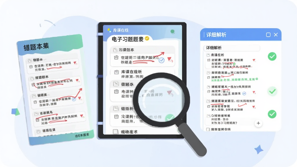 主体为一本悬浮的电子习题册与放大镜,布局采用左右对称结构,左侧是错题本列表,右侧是详细解析弹窗,排版整洁,风格为扁平化教育插画风,细节包含“库课在线”字样、红色批注与绿色对勾图标,画质清晰,画面干净,无多余元素