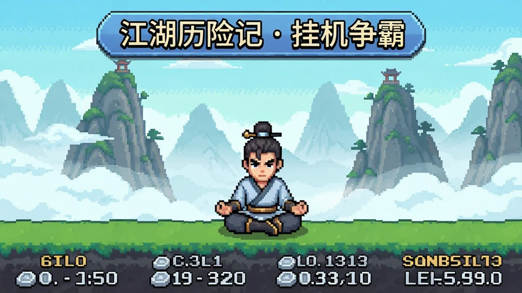 一个像素风格的游戏挂机界面截图,画面中有一位武侠角色正在自动打坐修炼,背景是云雾缭绕的山峰,屏幕下方有不断跳动的银两和经验值数字,画面顶部有“江湖历险记 挂机争霸”的悬浮标题,风格清新明亮,画质细腻,干净无多余元素