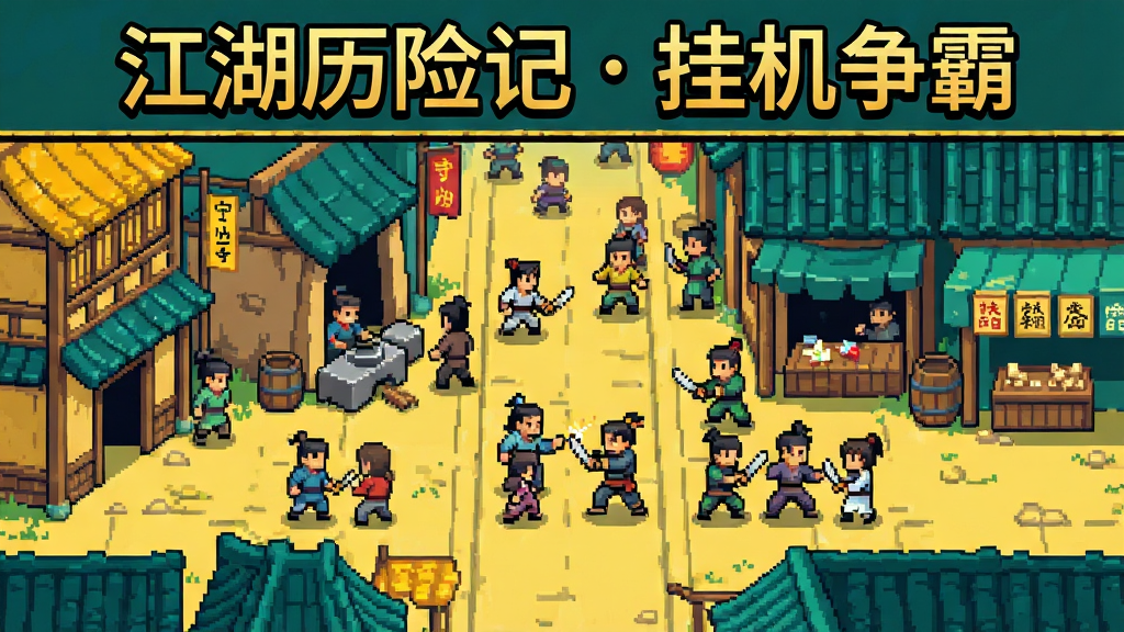 一幅像素风格的武侠世界全景图,画面中央是一条熙熙攘攘的古代街道,两侧有客栈、铁匠铺和药铺,多名像素小人正在自动行走和切磋武艺,画面顶部有“江湖历险记 挂机争霸”的标题文字,整体色调为暖黄与青绿搭配,细节丰富,画质清晰,干净无多余元素