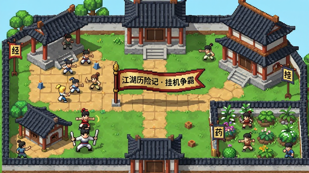 一个俯瞰视角的武侠门派全景图,画面中有演武场、藏经阁、药园等建筑,多名弟子正在练功,画面中央有“江湖历险记 挂机争霸”的旗帜飘扬,风格为像素沙盘,色彩丰富,布局错落有致,画质高清,干净无多余元素