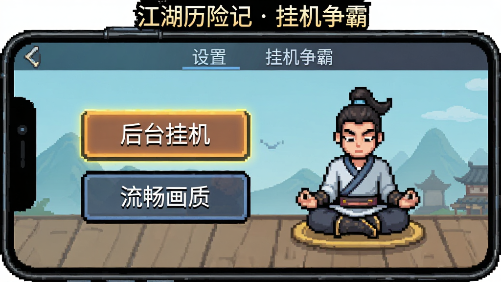 一个像素风格的手机屏幕界面,画面中显示游戏设置菜单,高亮标注了“后台挂机”和“流畅画质”选项,旁边有一位武侠角色正在打坐,画面顶部有“江湖历险记 挂机争霸”的小字标题,风格简洁明快,画质清晰,干净无多余元素