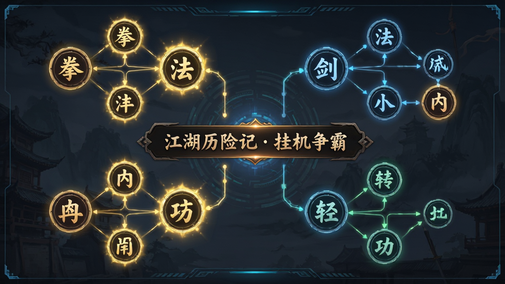 一个武侠技能树的详细界面,画面中展示了拳法、剑法、内功、轻功四大分支的图标,每个图标旁有连线表示羁绊关系,部分图标发出金色光芒表示已激活,画面中央有“江湖历险记 挂机争霸”的文字标识,风格为科技感与古风结合,画质高清,干净无多余元素