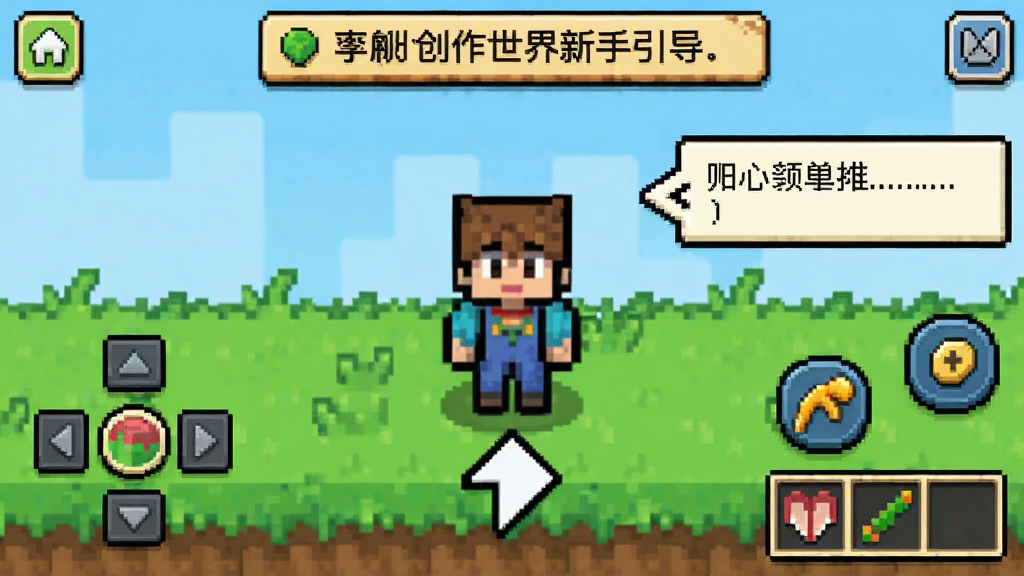 我的像素创作世界新手引导界面,主体是像素角色站在草地上面对提示箭头,布局为角色居中加四周操作按钮加顶部提示条,排版采用手机竖屏界面构图,风格为清新教程像素风,细节包含摇杆、跳跃键、快捷栏、引导文字框,画质清晰干净,画面无多余元素,画面中无文字
