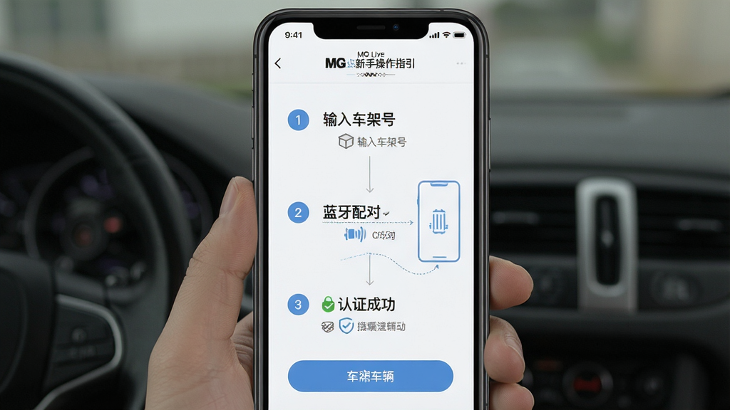 一张展示MG Live新手操作指引的图片,画面为手机屏幕显示绑定车辆步骤流程图,包含输入车架号、蓝牙配对、认证成功三个环节,布局为纵向排列,排版清晰,风格简约浅色,细节上突出步骤序号与操作按钮,画质清晰,干净,无多余元素