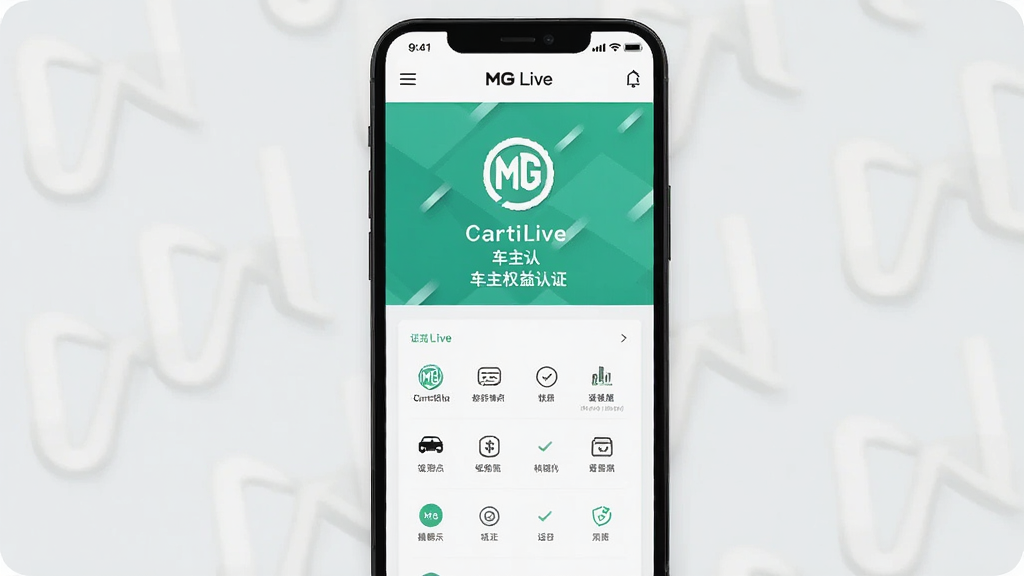 一张展示MG Live车主权益认证界面的图片,画面为手机屏幕显示认证成功页面与权益列表,布局居中,排版清晰,风格清新浅色,细节上突出认证标识和服务图标,画质清晰,干净,无多余元素,画面中带有“MG Live”字样