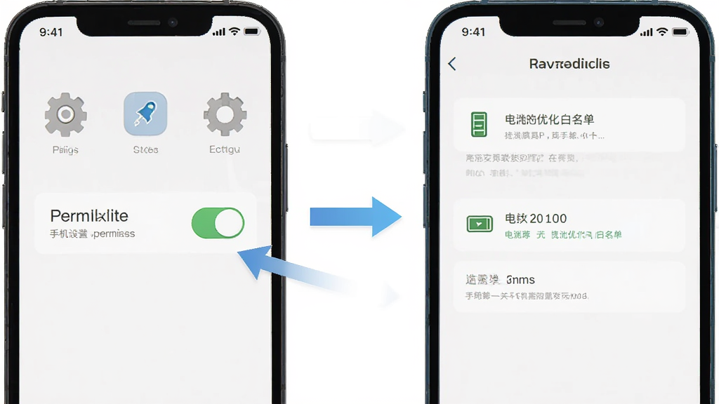 说好只玩一关 手机端安装设置示意图,画面展示一部智能手机的屏幕,屏幕上显示安装权限开关和电池优化白名单界面,旁边有箭头标注操作步骤,整体风格为扁平化科技风,细节包含设置图标和说明文字,画质清晰,干净,无多余元素