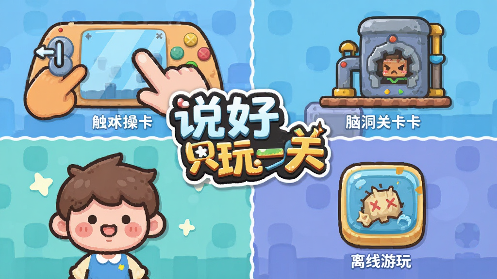 说好只玩一关 游戏特色展示图,画面分为四个象限,分别展示触屏操作手势、脑洞关卡机关、治愈系角色表情和离线游玩图标,中央有游戏名称