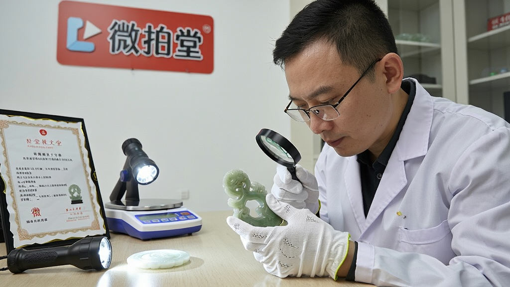 画面主体为一位戴着白手套的鉴定专家,正用放大镜仔细观察一件玉雕件,桌面上摆放着证书、强光手电与电子秤。背景是整洁的鉴定工作室,墙上挂着“微拍堂”品牌标识。布局为半身特写,专家神情专注。风格为专业纪实摄影,细节包括手套纹理、玉器光泽、证书上的文字,画质清晰,干净,无多余元素