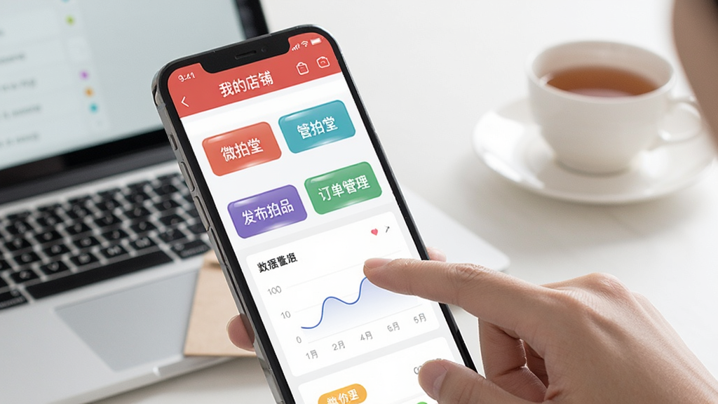 画面主体为一部手机屏幕显示微拍堂店铺管理后台,界面上有“我的店铺”“发布拍品”“订单管理”等按钮,旁边有一只手正在点击屏幕。背景是简约的办公桌面,有笔记本电脑与茶杯。布局为手机界面特写,风格为扁平化UI展示,细节包括按钮的高光、数据图表的曲线,画质清晰,干净,无多余元素