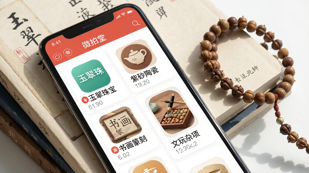 画面主体为微拍堂APP的分类页面截图,屏幕上排列着“玉翠珠宝”“紫砂陶瓷”“书画篆刻”“文玩杂项”等图标,每个图标下方有新品数量角标。手机斜放在一叠文玩书籍上,旁边有一串菩提手串。布局为手机界面与实物结合,风格为清新电商风,细节包括图标阴影、书籍封面文字、手串珠子纹理,画质清晰,干净,无多余元素