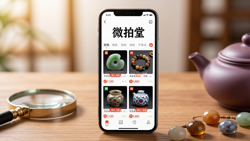 画面主体为一部智能手机,屏幕中显示微拍堂APP的首页界面,界面上方有醒目的“微拍堂”三个字,下方是各类文玩商品如玉石、手串、陶瓷的缩略图与竞拍倒计时。手机放置在一张木质桌面上,旁边点缀着放大镜、紫砂壶与几颗玛瑙珠子。整体布局居中,背景虚化柔和,风格为现代科技与传统文化结合的商业海报风,细节包括屏幕反光、木纹纹理、珠子光泽,画质清晰,干净,无多余元素