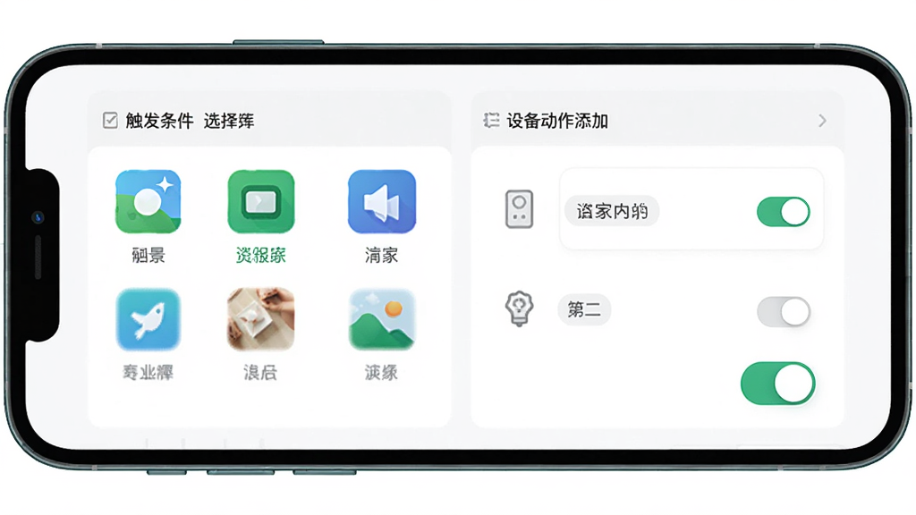 海信爱家智能场景编辑页面展示,主体为手机屏幕显示场景设置界面,布局包含触发条件选择区和设备动作添加区,排版逻辑清晰,风格为现代扁平化设计,细节上场景图标生动、开关控件精致,画质高清,干净,无多余元素