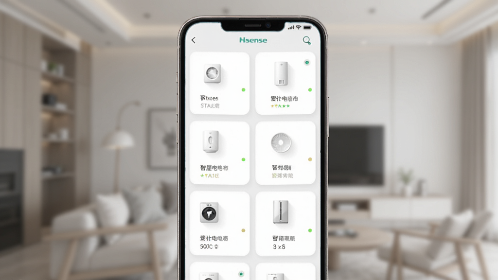 海信爱家全屋家电控制界面展示,主体为手机屏幕中显示多个家电设备卡片,布局为网格状排列,排版整齐有序,风格为简约现代智能家居风格,细节上每个卡片带有设备图标和状态指示灯,画质高清,干净,无多余元素