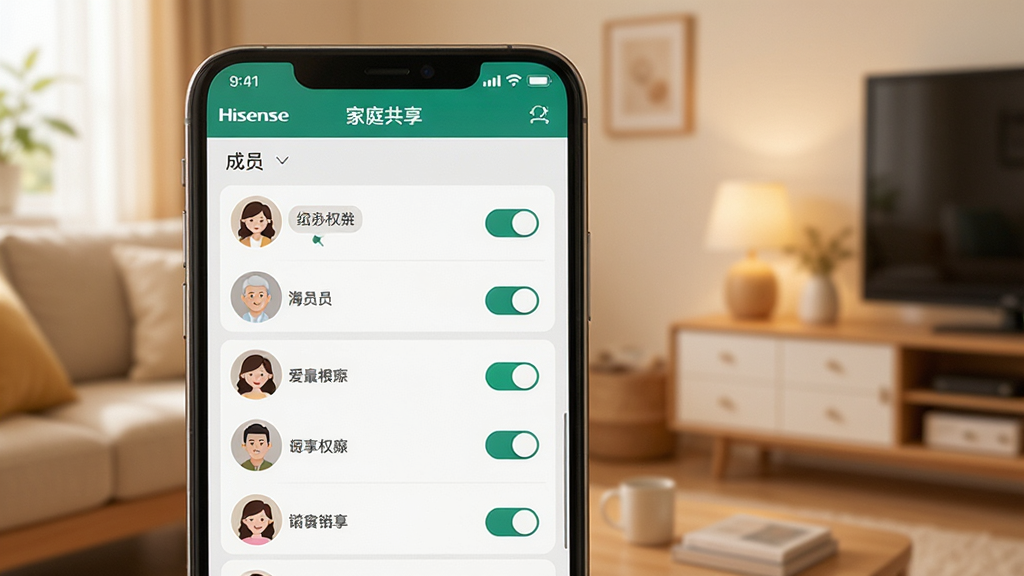 海信爱家家庭共享设置界面展示,主体为手机屏幕显示成员管理页面,布局包含成员列表和权限开关,排版友好易读,风格为温馨居家风格,细节上头像图标和权限标签清晰,画质高清,干净,无多余元素