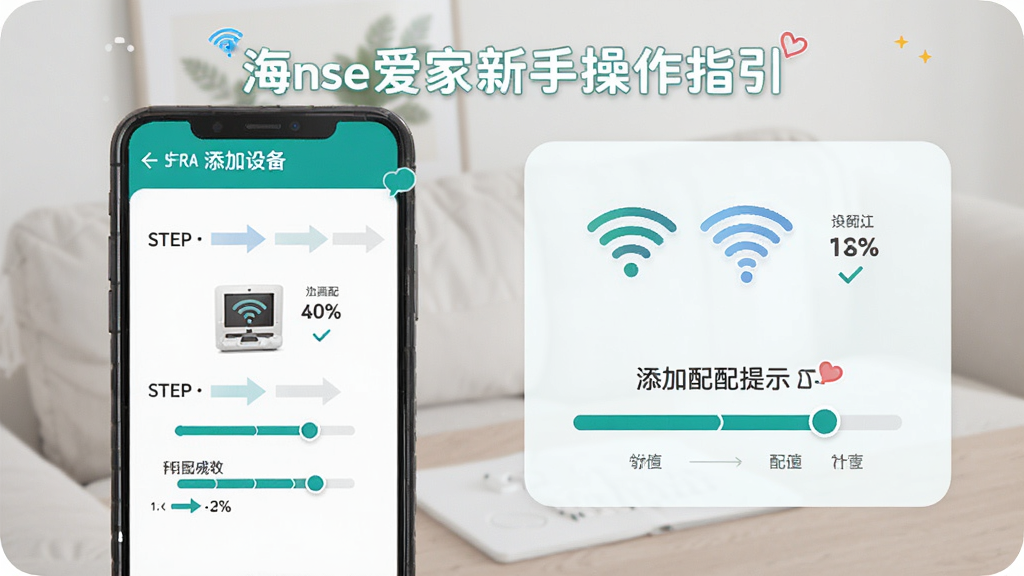 海信爱家新手操作指引示意图,主体为手机屏幕显示添加设备流程页面,布局包含步骤指示和配网提示,排版清晰明了,风格为友好引导式设计,细节上WiFi图标和进度条清晰可见,画质高清,干净,无多余元素