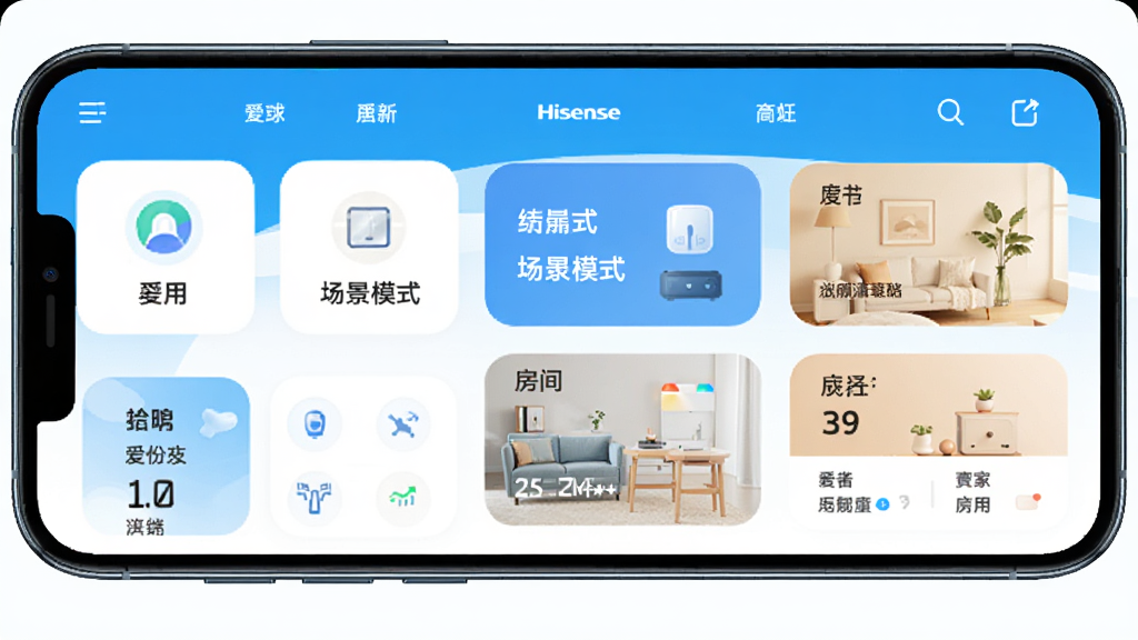 海信爱家软件主界面全貌展示,主体为一部智能手机屏幕显示海信爱家APP首页,布局包含设备卡片、场景模式、房间分区等模块,排版简洁清晰,风格为现代科技感与居家温馨感结合,细节上设备图标精致、色彩以蓝白为主搭配暖色点缀,画质高清,干净,无多余元素