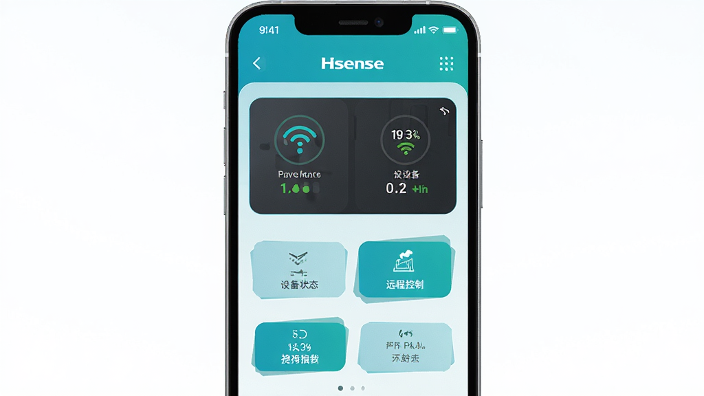 海信爱家远程控制功能展示,主体为手机屏幕显示远程控制界面,布局包含设备状态和操作按钮,排版简洁直观,风格为科技感与实用性结合,细节上信号图标和状态文字清晰,画质高清,干净,无多余元素