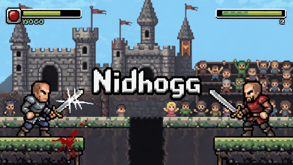 Nidhogg游戏主界面,像素风格横版格斗场景,两名剑客在多层平台上对峙,画面中央显示游戏标题