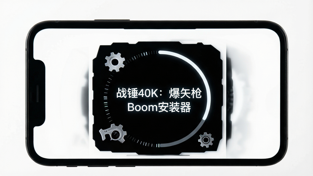 一部手机屏幕显示极简风格的工具界面,界面中央有“战锤40K:爆矢枪Boom安装器”文字,周围有齿轮和进度环,背景为纯黑色,主体为手机与极简界面,布局居中,排版留白充足,风格为极简科技,细节包括发光文字和细腻的进度动画,画质高清,干净,无多余元素