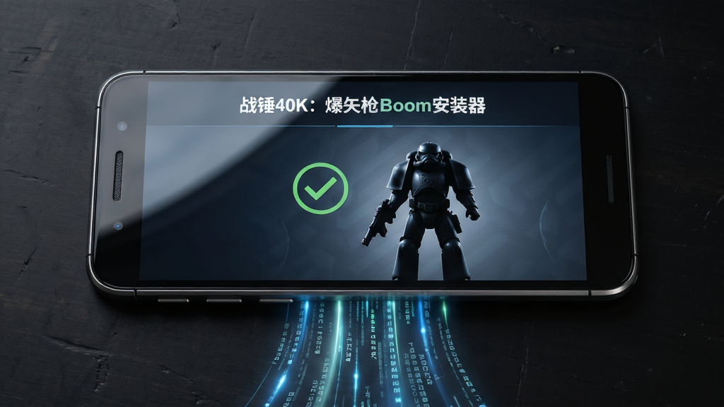一部安卓手机平放在深色桌面上,手机屏幕显示“战锤40K:爆矢枪Boom安装器”的一键部署完成界面,界面中有对勾图标和星际战士剪影,周围有数据流光效从手机底部向上流动,主体为手机与安装界面,布局采用居中俯视视角,排版简洁,风格为未来科技感,细节包括屏幕反光和金属边框质感,画质清晰,干净,无多余元素