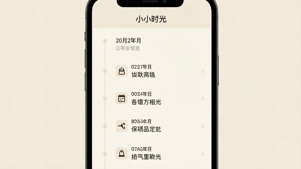 一张手机应用界面展示图,画面中央是时间轴样式的记录列表,每条记录带有日期、小图标和简短文字,背景为浅米色,界面干净清爽,顶部有“小小时光”文字标识,风格简约现代,画质清晰,无杂乱元素