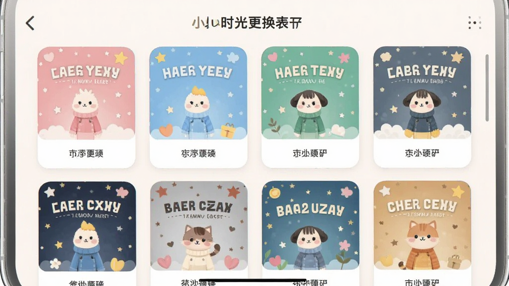 一张展示小小时光APP主题更换界面的图片,画面中有多款不同颜色的主题卡片供选择,包括粉色、蓝色、绿色等,界面布局整齐,风格活泼温馨,画质清晰,干净无多余元素