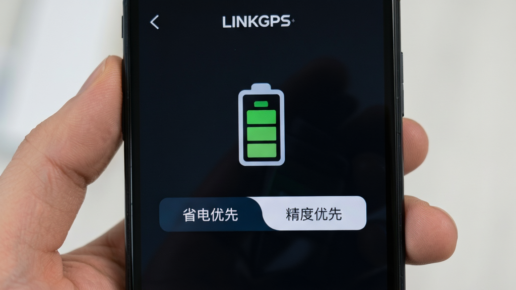 手机屏幕展示LINKGPS的省电模式设置页面,界面中央有一个电池图标和两个模式切换按钮,左侧为“省电优先”,右侧为“精度优先”,背景为深色,风格简洁,画质清晰,干净无多余元素