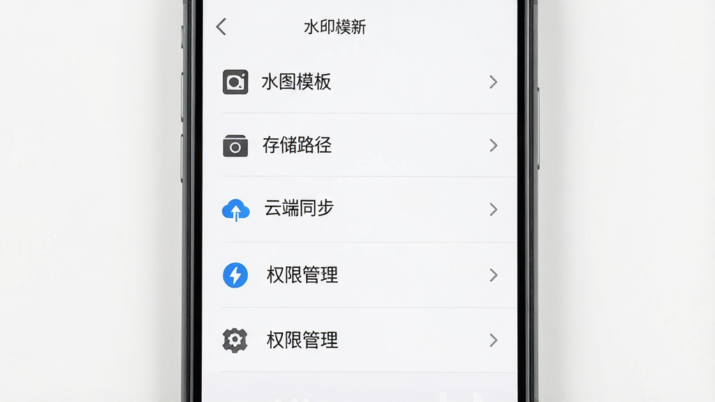 一张展示水印相机建筑软件设置界面的图片,画面中手机屏幕显示设置菜单,包含水印模板、存储路径、云端同步、权限管理等选项,每个选项配有简洁的图标。背景为干净的白色界面,文字清晰,布局规整,整体风格简洁明了,画质干净,无多余元素。