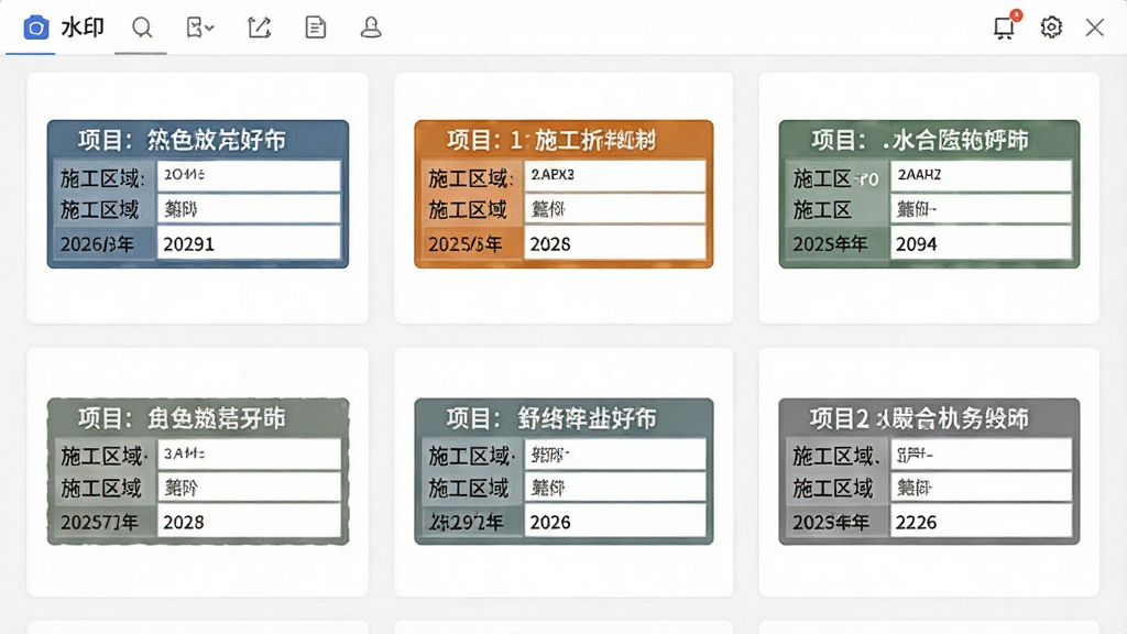 一张展示水印相机建筑软件中多种工程水印模板选择界面的图片,画面以网格形式排列了六到八个不同风格的水印模板缩略图,每个模板上标注了项目名称、施工区域、日期等字段,模板配色以蓝灰、橙灰、绿灰等工程常用色调为主。背景为白色,界面干净整洁,图标和文字清晰锐利,整体风格专业简约,画质干净,无多余元素。