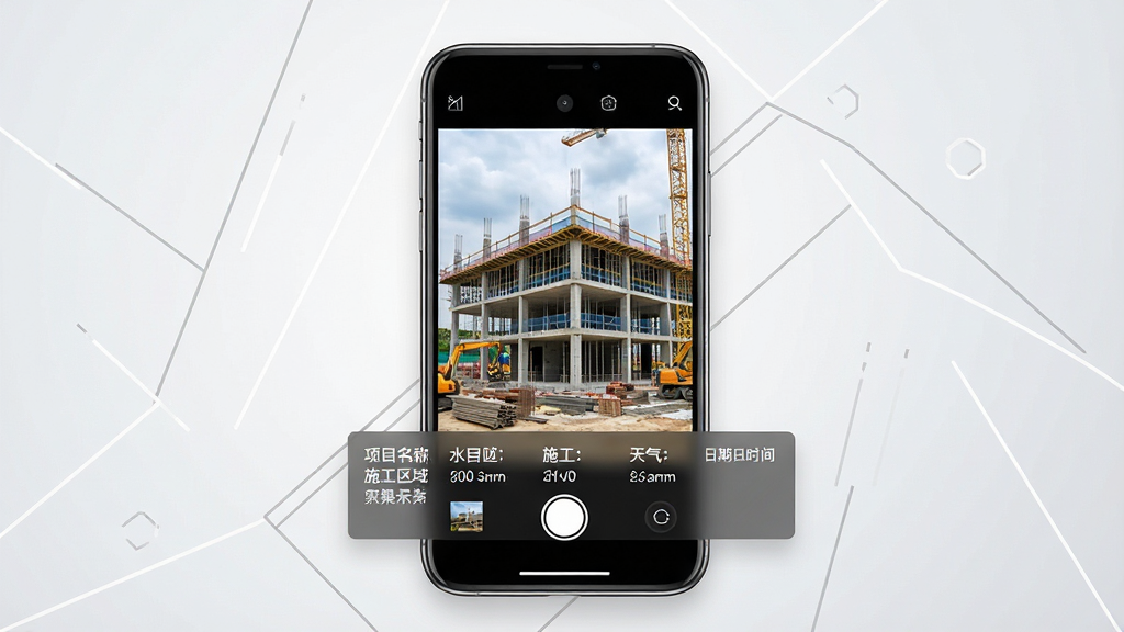 一张展示水印相机建筑软件主界面的手机截图风格图片,画面中央是一台智能手机,屏幕上显示相机取景画面,画面中有一栋正在施工的建筑工地,照片底部叠加了半透明的水印信息栏,包含项目名称、施工区域、天气、日期时间等字段。背景为干净的浅灰色渐变,手机周围有简洁的几何装饰线条。整体风格清爽商务,细节清晰,画质干净,无多余元素。