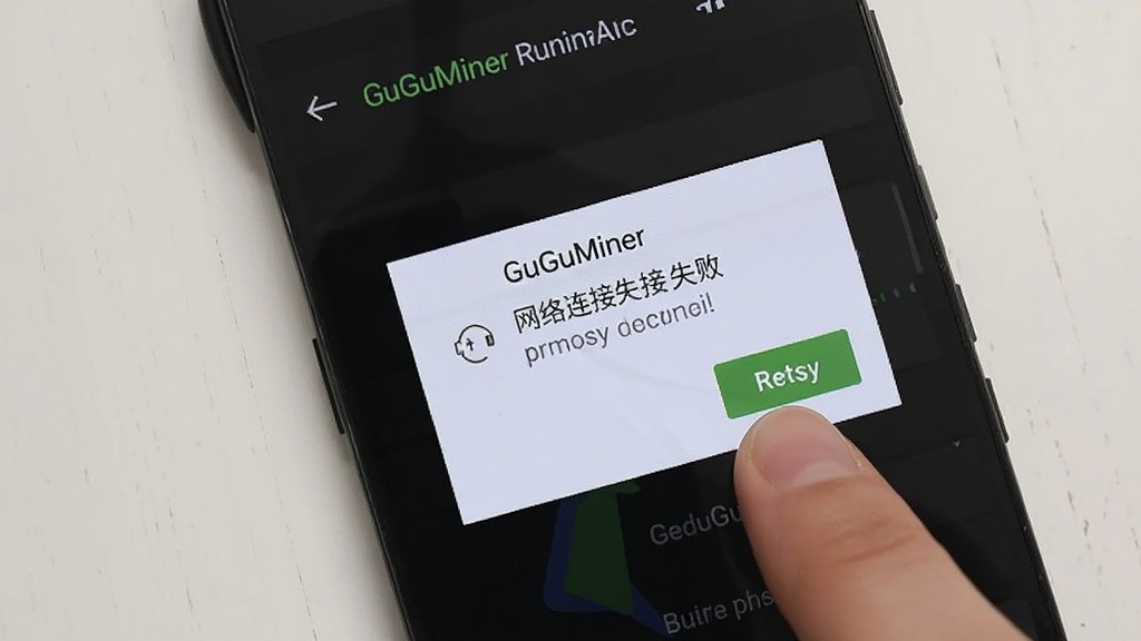 一部安卓手机显示GuGuMiner运行中出现错误提示弹窗,弹窗内容为网络连接失败,手机屏幕背景为深色,旁边有一只手正准备点击重试按钮,整体画面简洁清晰,突出故障排除场景