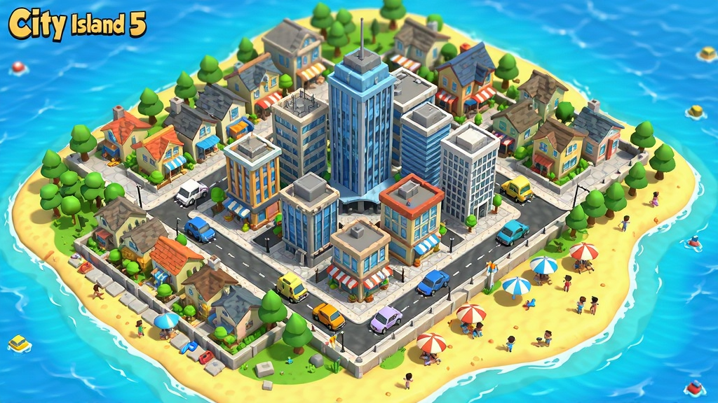 一款名为City Island 5的3D卡通风格模拟建造游戏,主体是一座生机勃勃的繁华海岛城市,布局为中央商务区高楼林立,边缘是住宅区和沙滩,排版采用俯视广角视角,风格是明亮鲜艳的休闲游戏画风,细节包括蔚蓝海水、金色沙滩、绿色树木、穿梭的车辆和游玩的人群,画质为4K超高清、干净通透、无多余元素。