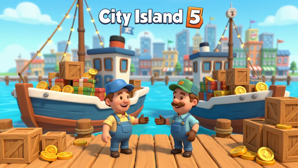 在City Island 5游戏中,两位卡通市民正在码头进行货物贸易,主体是装满货物的船只和两位正在交谈的市民,布局为前景是贸易码头,背景是繁华的城市天际线,排版采用中心构图,风格是温馨明亮的卡通风格,细节包括成堆的木箱、金币符号和友好的表情,画质为高清、干净、无多余元素。