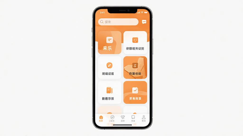 手机屏幕中央展示“来乐”软件主界面,顶部有搜索栏和消息图标,中部为功能卡片网格布局,底部为导航栏,整体采用暖橙色与白色搭配的清新风格,画面干净整洁,UI设计现代简约,高清画质,无多余元素