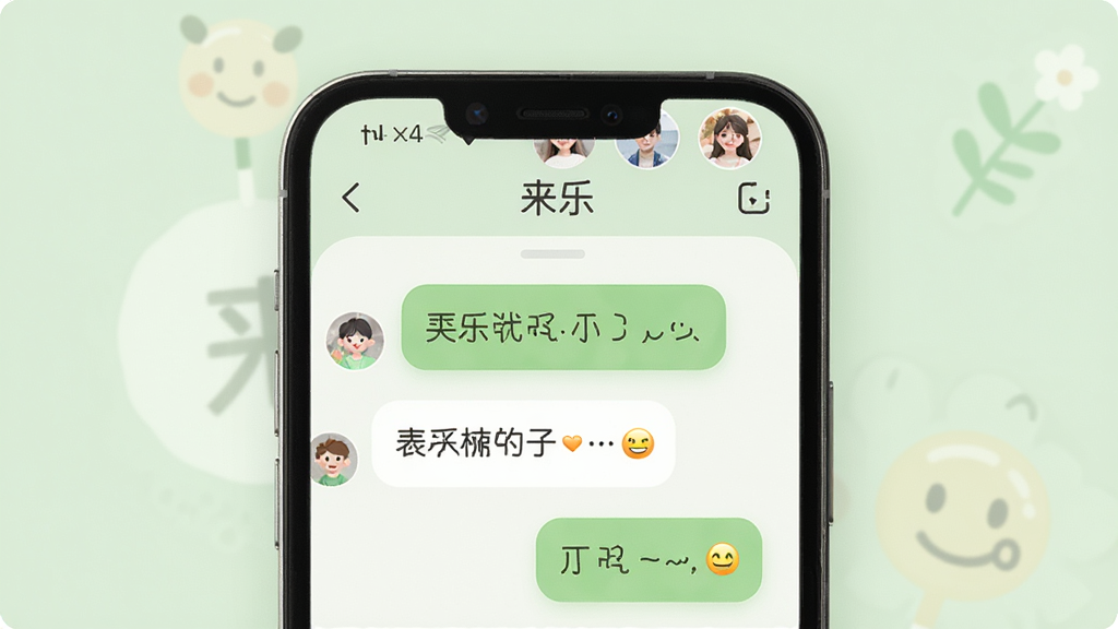 手机界面展示“来乐”社交聊天窗口,对话气泡中包含文字和表情符号,顶部显示在线用户头像列表,背景为柔和的浅绿色,整体风格温馨友好,高清画质,无多余元素