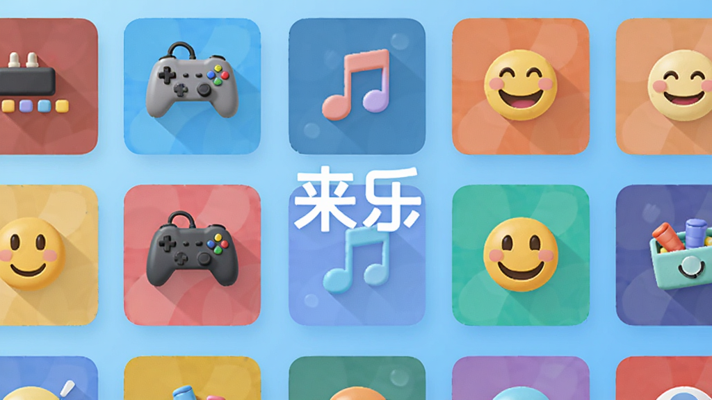 画面中央展示“来乐”软件内多个娱乐内容卡片整齐排列,卡片上带有游戏手柄、音符、笑脸等图标,背景为浅蓝色渐变,风格活泼明快,布局清晰,高清画质,干净无多余元素