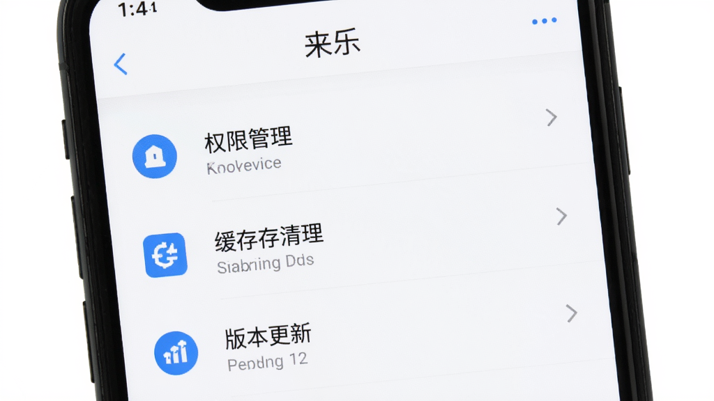 手机屏幕展示“来乐”设置页面,页面中包含权限管理、缓存清理、版本更新等选项,背景为纯白色,风格简洁实用,图标清晰,高清画质,无多余元素