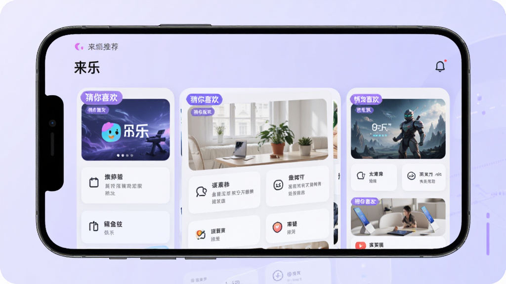 手机屏幕展示“来乐”推荐页面,页面中显示多个推荐内容卡片,卡片带有“猜你喜欢”标签,背景为淡紫色渐变,风格科技感十足,排版整齐,高清画质,干净无多余元素
