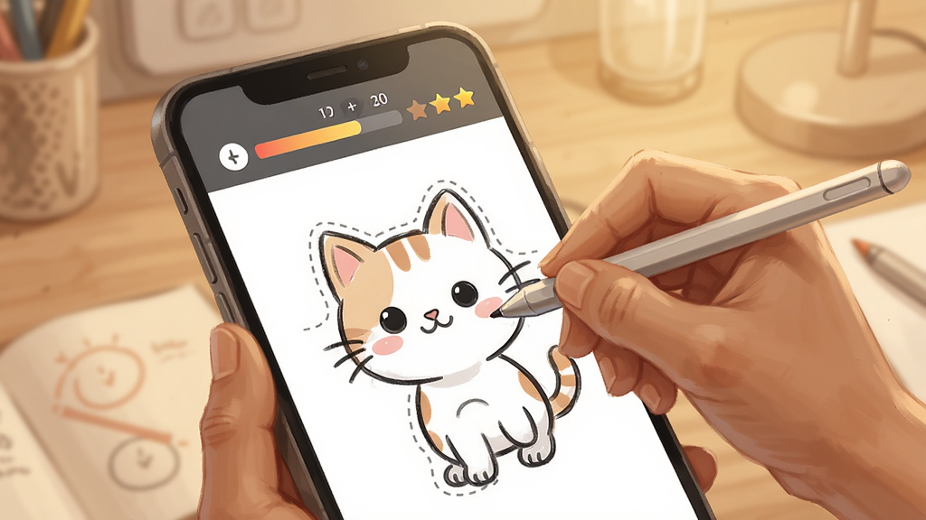 一张ArtWorkout分步绘画教学场景的插图,画面中一只手握着触控笔在手机屏幕上沿着虚线描绘卡通猫咪轮廓,屏幕上方显示步骤进度条和评分星星,背景是柔和暖色调的书桌环境,风格写实温馨,细节清晰,画质干净,无多余元素