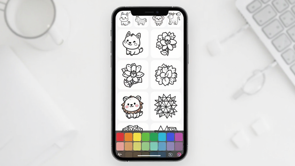 一张ArtWorkout填色素材库界面的示意图,手机屏幕内展示网格排列的多种线稿缩略图,包括卡通动物、花卉和几何图案,屏幕下方是彩色调色盘,背景是干净纯色桌面,风格简约现代,细节清晰,画质干净,无多余元素
