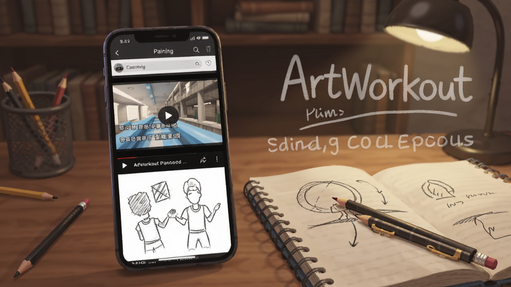 一张ArtWorkout绘画技巧进阶课程页面的插图,画面中手机屏幕显示透视原理教学视频和练习示意图,旁边有铅笔和笔记本,背景是书房环境,风格专业沉稳,细节丰富,画质清晰,无多余元素