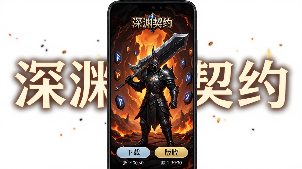 画面中央是一部竖屏安卓手机,手机屏幕上显示暗黑魔幻风格的游戏主界面,界面中有一位身穿黑色铠甲手持巨剑的战士角色,背景是燃烧的深渊裂缝与漂浮的符文石,手机周围环绕着
