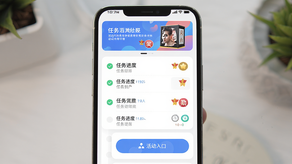 主体为手机屏幕显示任务列表与活动横幅,布局为纵向滚动列表加顶部横幅,排版清晰分区,风格为清新明快的UI风格,细节包含任务进度勾选、奖励图标、倒计时标签与活动入口按钮,画质清晰,干净,无多余元素